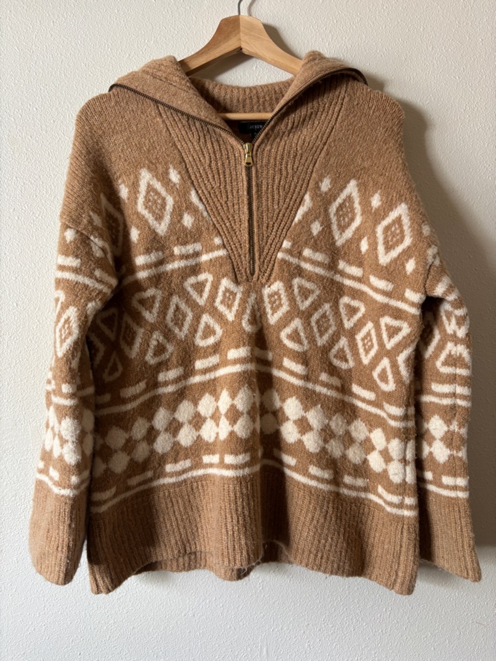 J Crew Merino Wool Blend Relaxed half-zip geometric knit sweater size medium tan